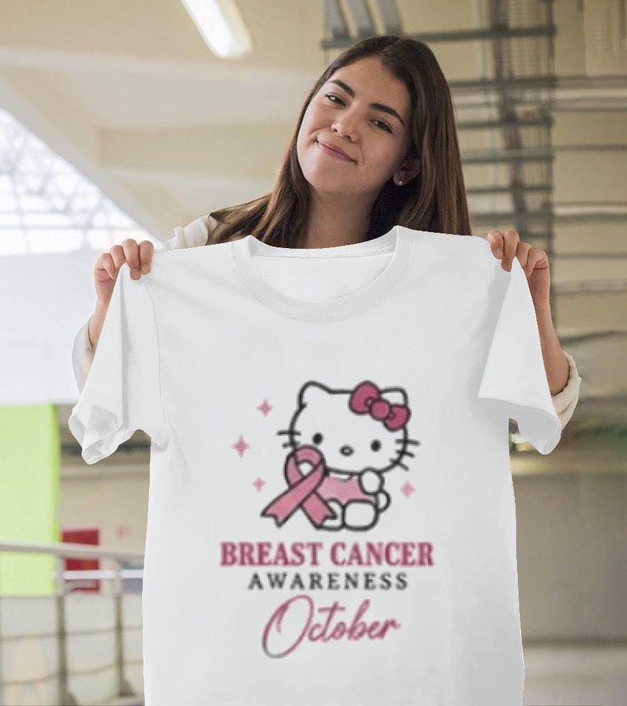 Hello Kitty Breast Cancer Awareness October Stronger Together Pink Ribbon T-Shirt