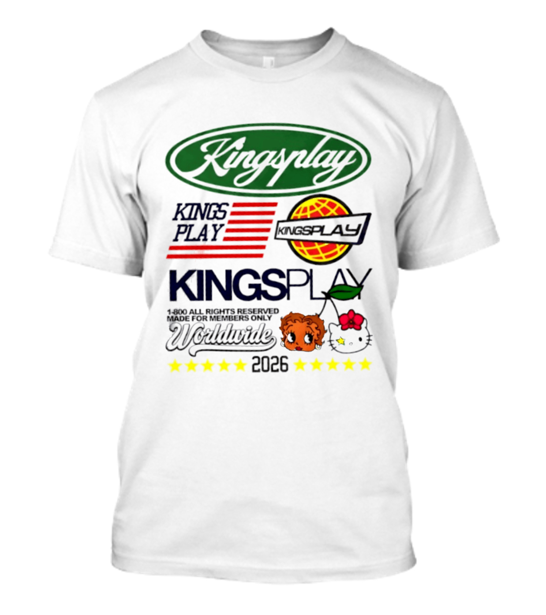 Kingsplay 1 800 All Rights Reserved Members Only Worldwide 2026 Hello Kitty Stars T-Shirt