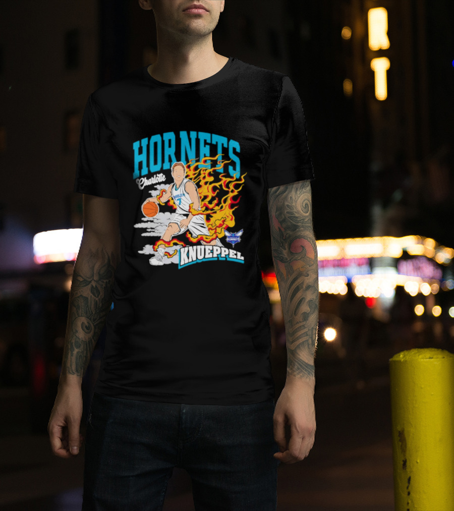 Charlotte Hornets Kon Knueppel Basketball With Flames Motif T-Shirt