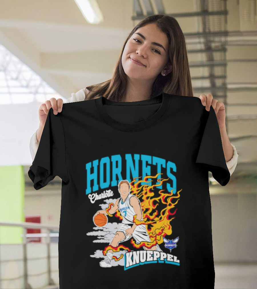Charlotte Hornets Kon Knueppel Basketball With Flames Motif T-Shirt