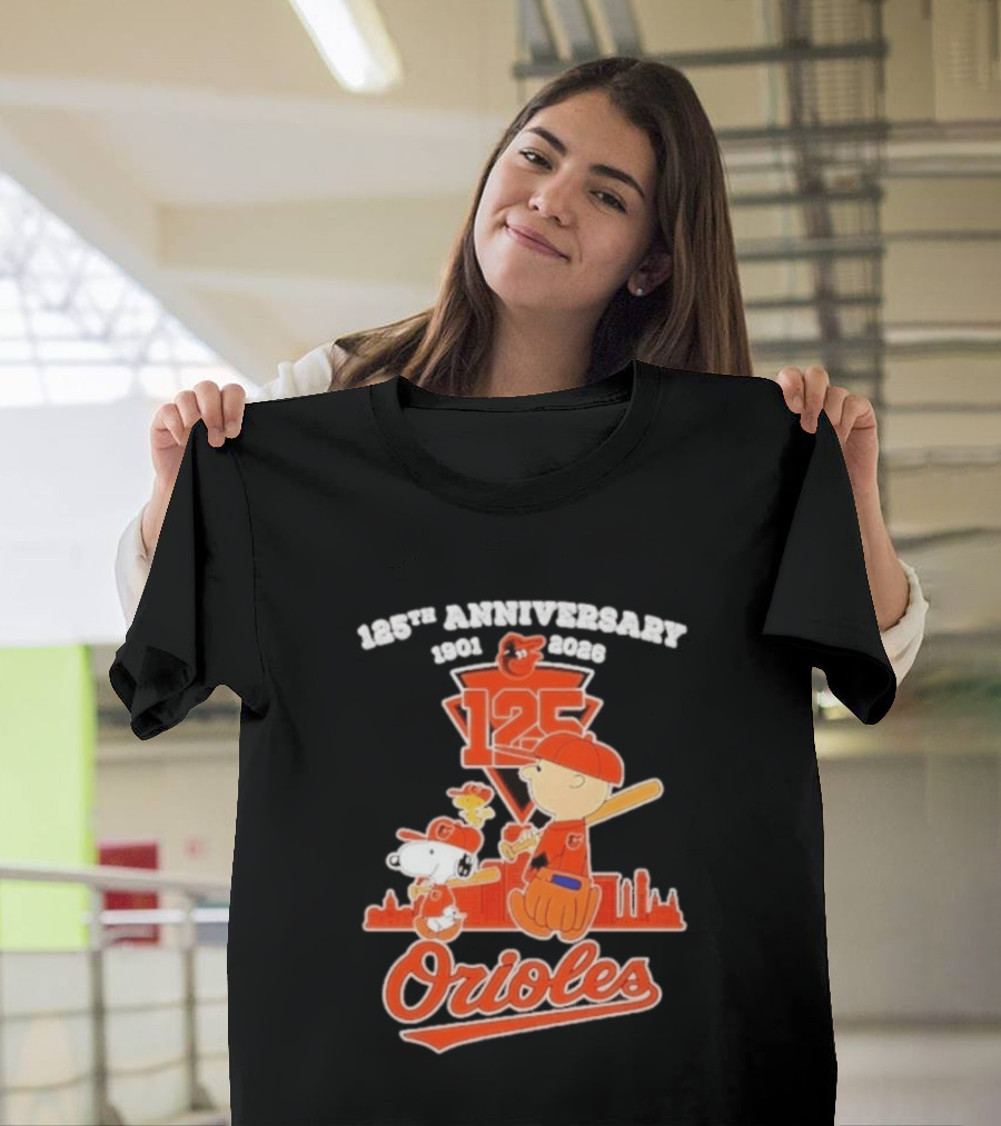 Peanuts Snoopy Baltimore Orioles 125th Anniversary 1901 2026 Skyline Baseball T-Shirt