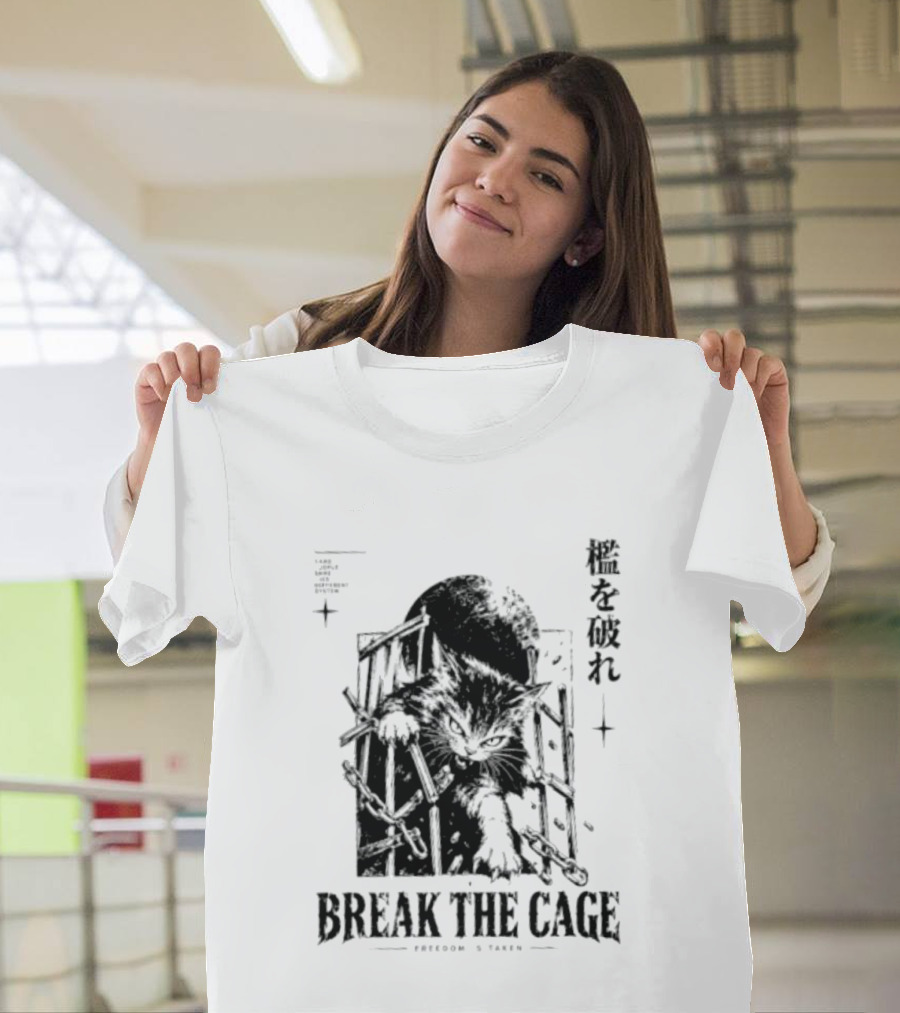 Break The Cage Freedom Is Taken Cat Kanji T-Shirt