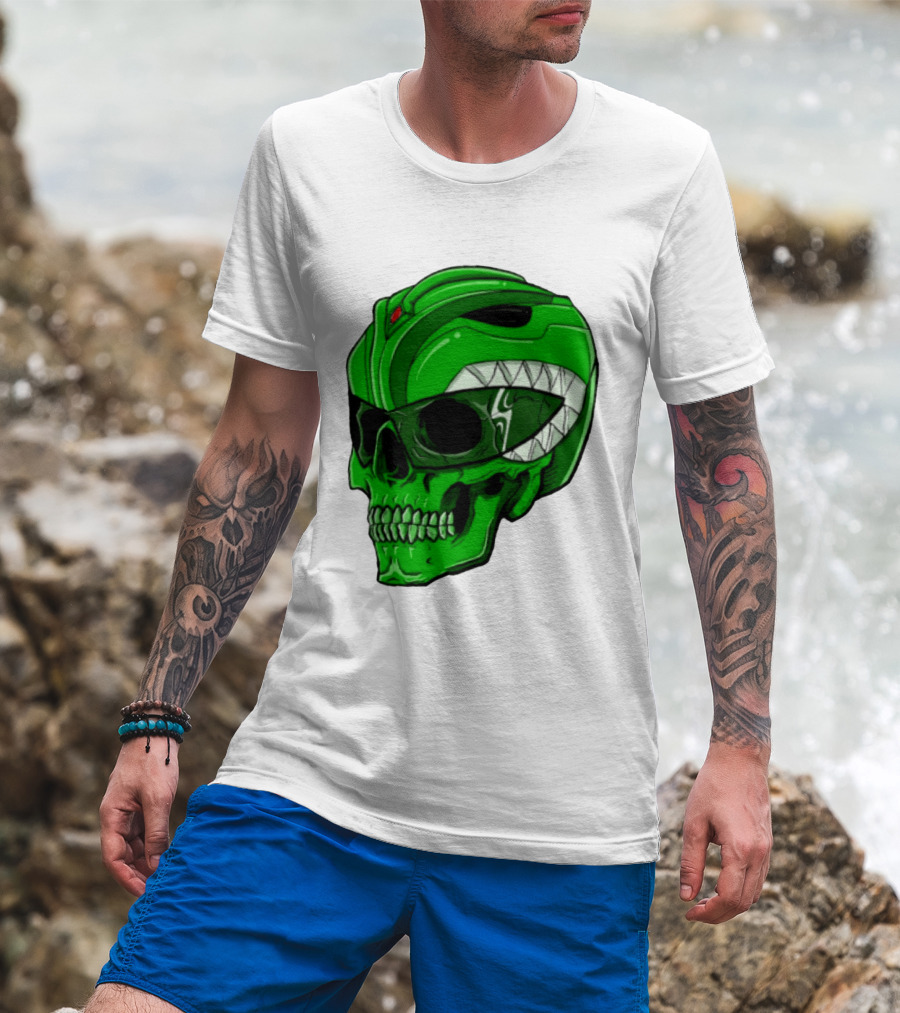 Mighty Morphin Power Rangers Green Ranger Zombie Skull Helmet Mashup T-Shirt