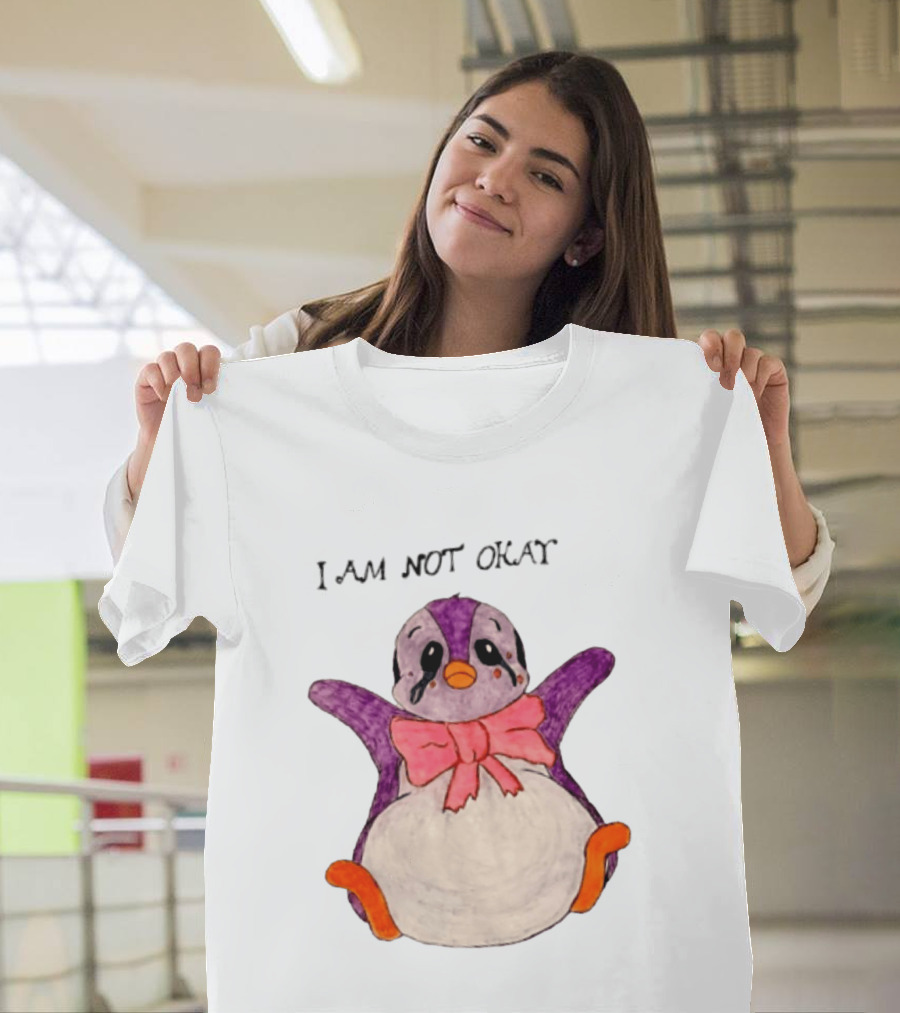 I Am Not Okay Crying Penguin Aesthetic Bow Tearful Purple Orange T-Shirt