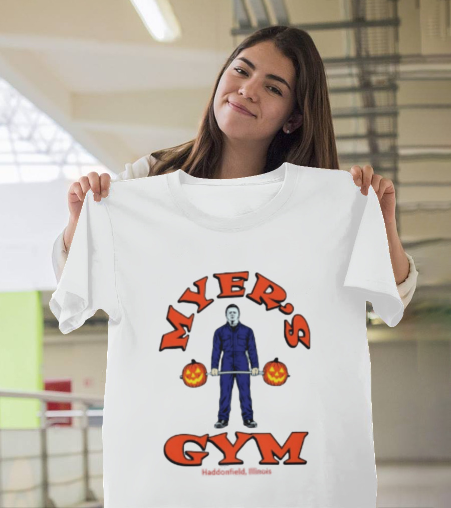 Myers's Gym Haddonfield Illinois Michael Myers Jack O' Lantern Weightlifting Halloween T-Shirt