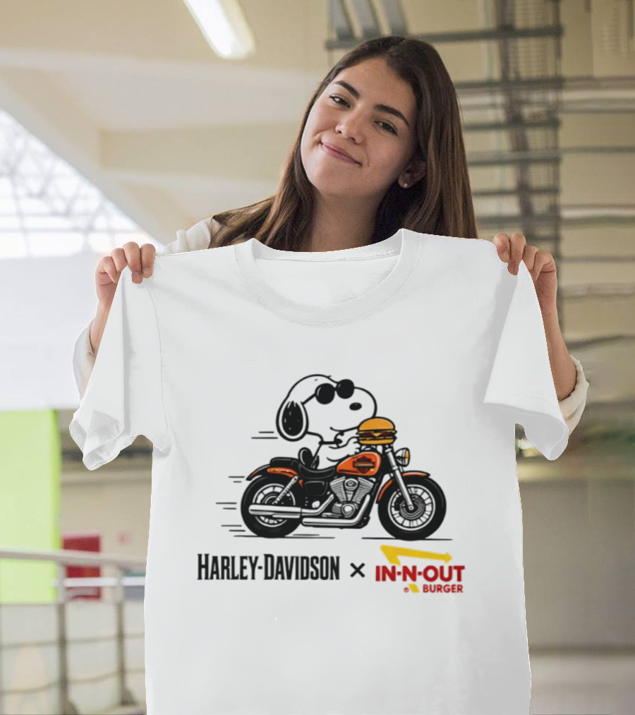 Snoopy Riding Harley Davidson With In N Out Burger Collaboration T-Shirt