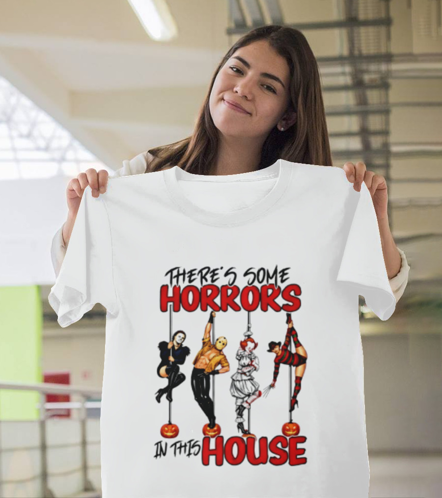 There's Some Horrors In This House Halloween Characters Pumpkin Poles T-Shirt