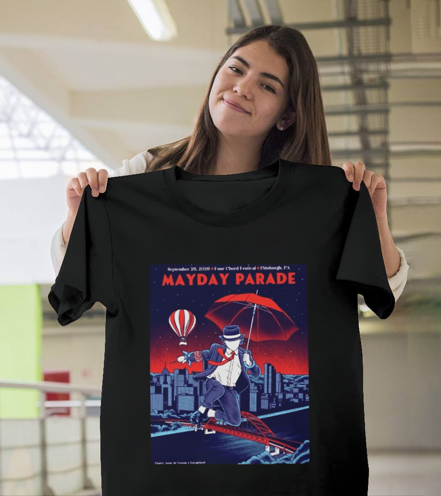 Mayday Parade September 26 2026 Four Chord Festival Pittsburgh PA Hot Air Balloon Umbrella Cityscape T-Shirt