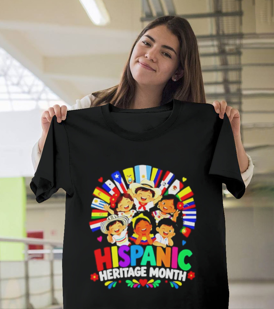 Hispanic Heritage Month Celebration With Latino Countries Flags And Happy Children T-Shirt