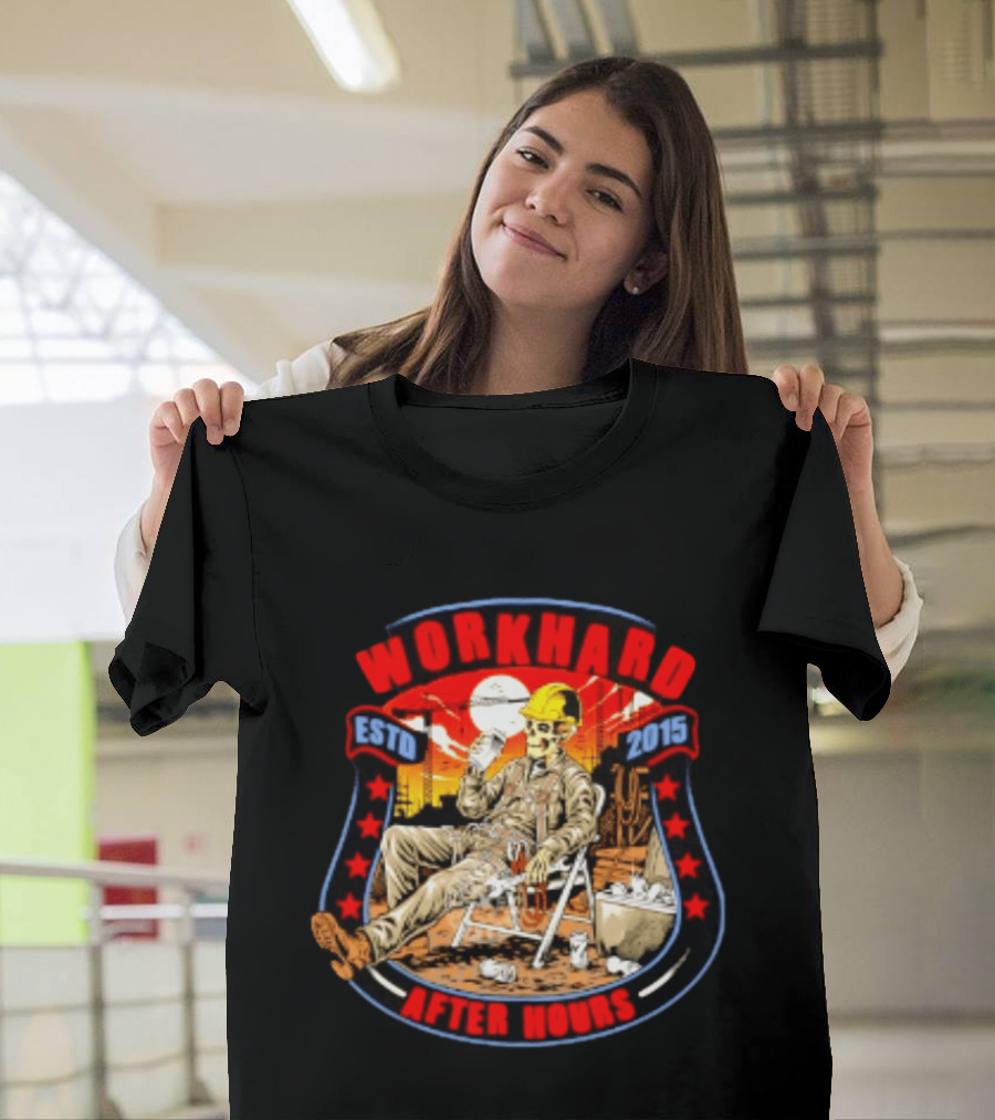 Work Hard After Hours Estd 2015 Skeleton Construction Worker Relaxing Moonlight Scene T-Shirt