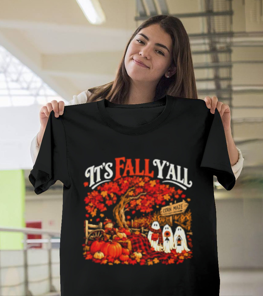 It's Fall Y'all Corn Maze Pumpkins Scarecrow Ghosts Halloween Tree T-Shirt