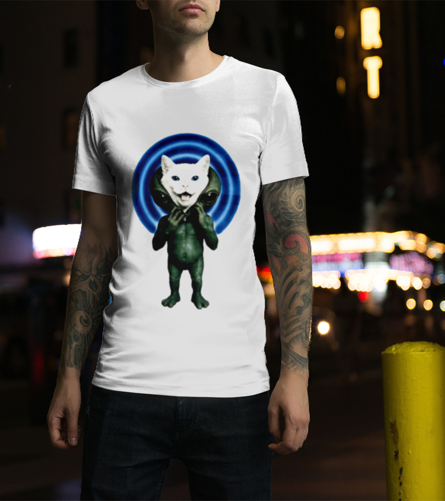 Cat Unzipping Alien Costume Sci Fi Whimsical Blue Ripple Effect T-Shirt