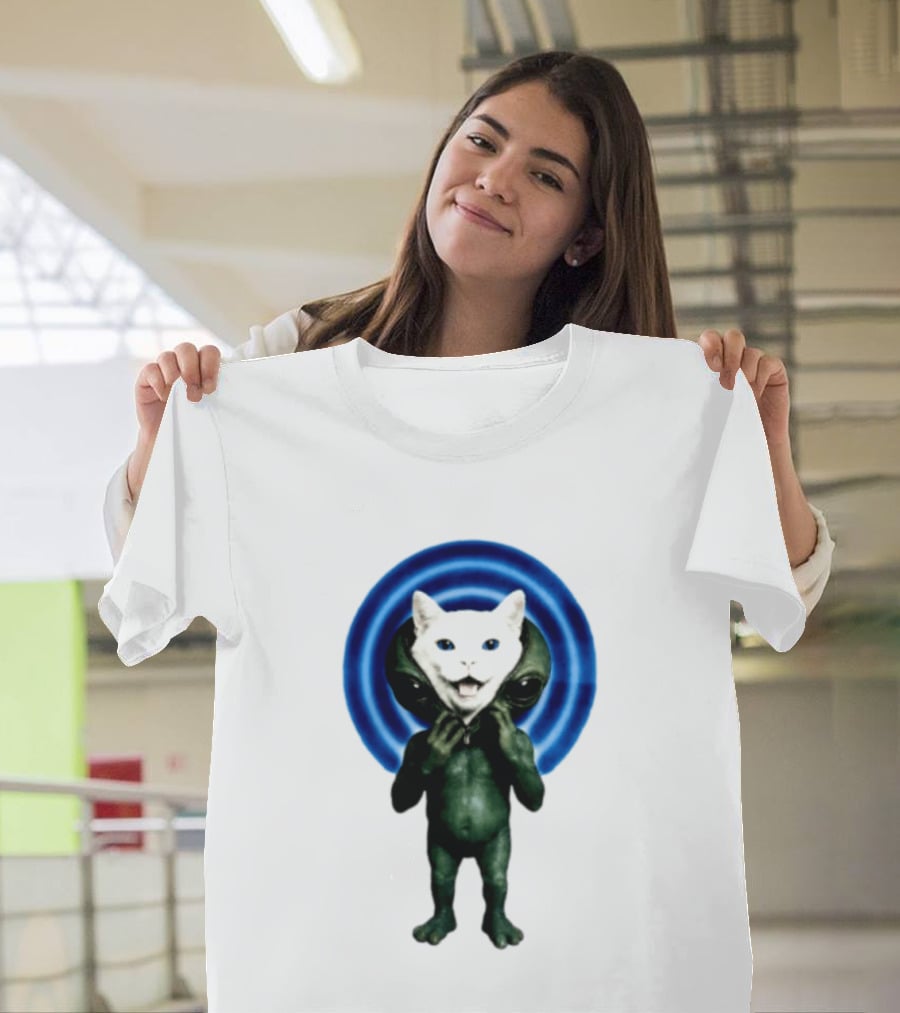 Cat Unzipping Alien Costume Sci Fi Whimsical Blue Ripple Effect T-Shirt