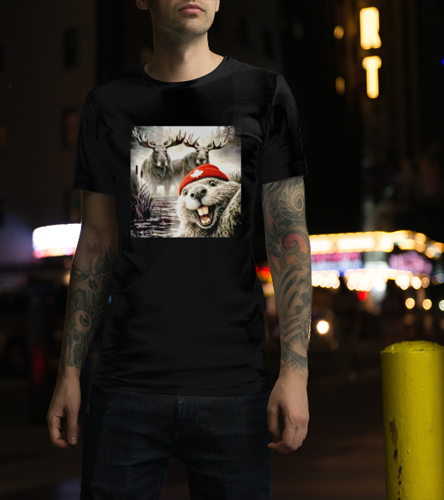 Beaver With Maple Leaf Beanie And Moose Forest Scene T-Shirt