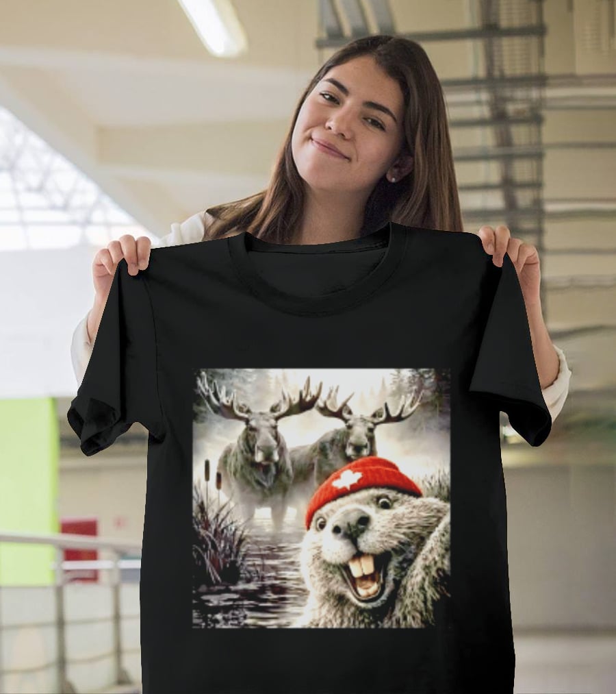 Beaver With Maple Leaf Beanie And Moose Forest Scene T-Shirt