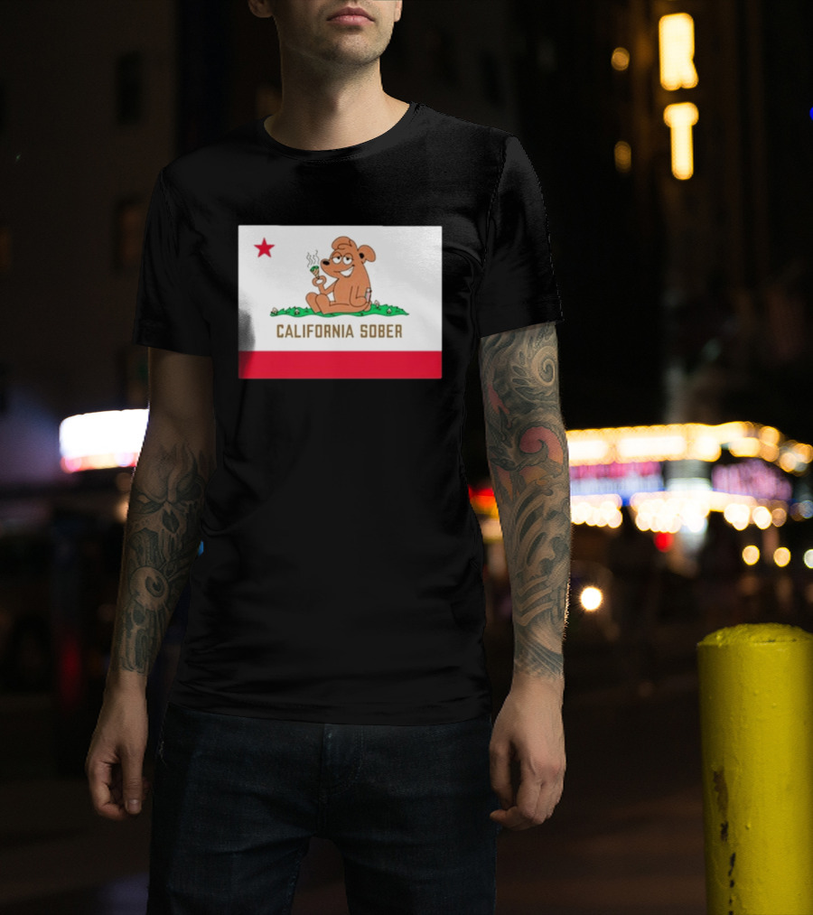 California Sober Bear With Joint And Drink State Flag T-Shirt
