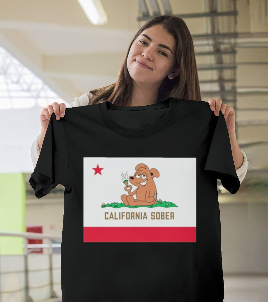 California Sober Bear With Joint And Drink State Flag T-Shirt