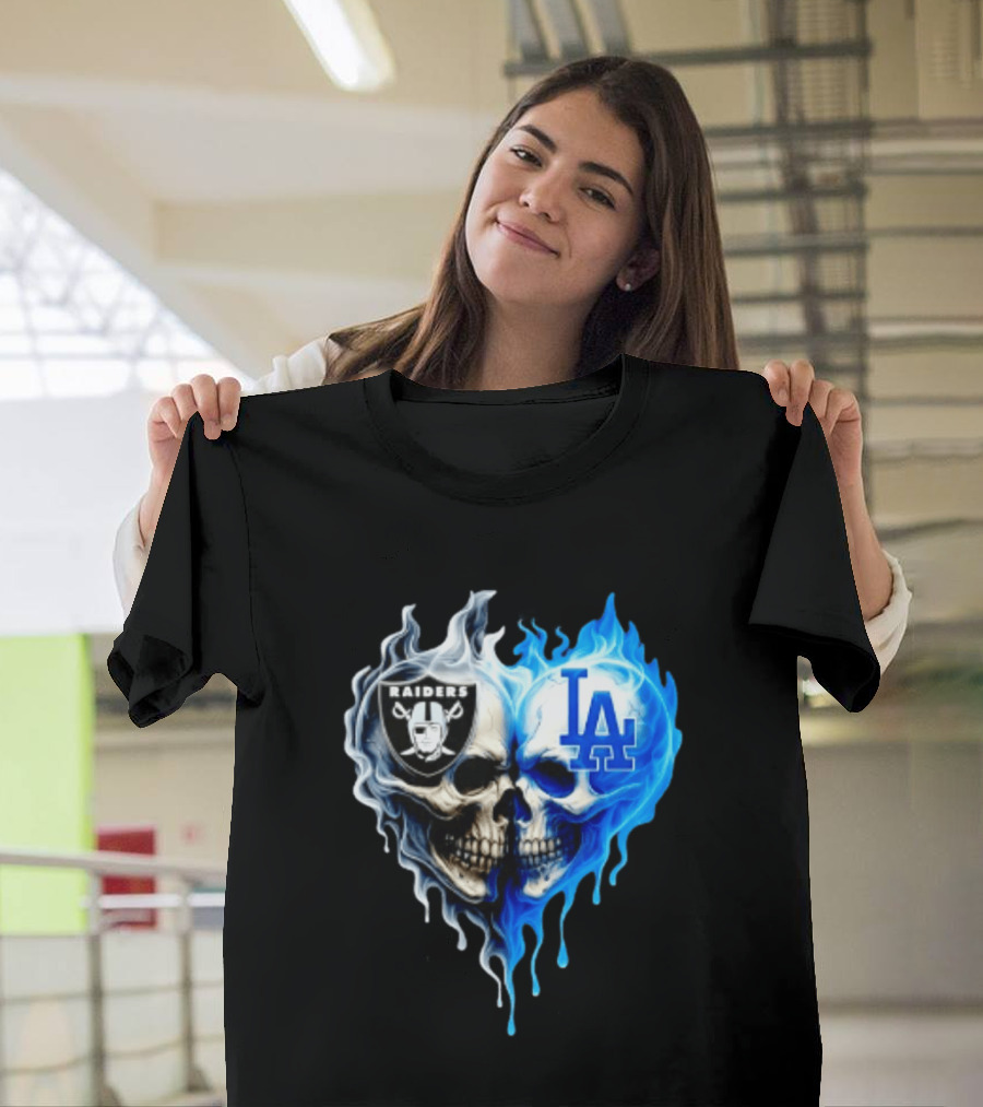 Las Vegas Raiders Los Angeles Dodgers Skulls Heart Blue Flames T-Shirt