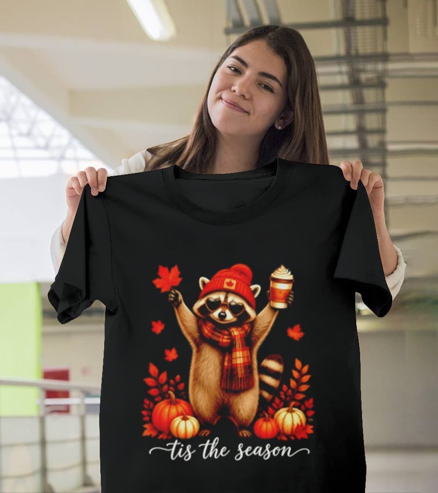 Raccoon In Scarf With Heart Sunglasses Autumn Leaves Pumpkins Tis The Season T-Shirt