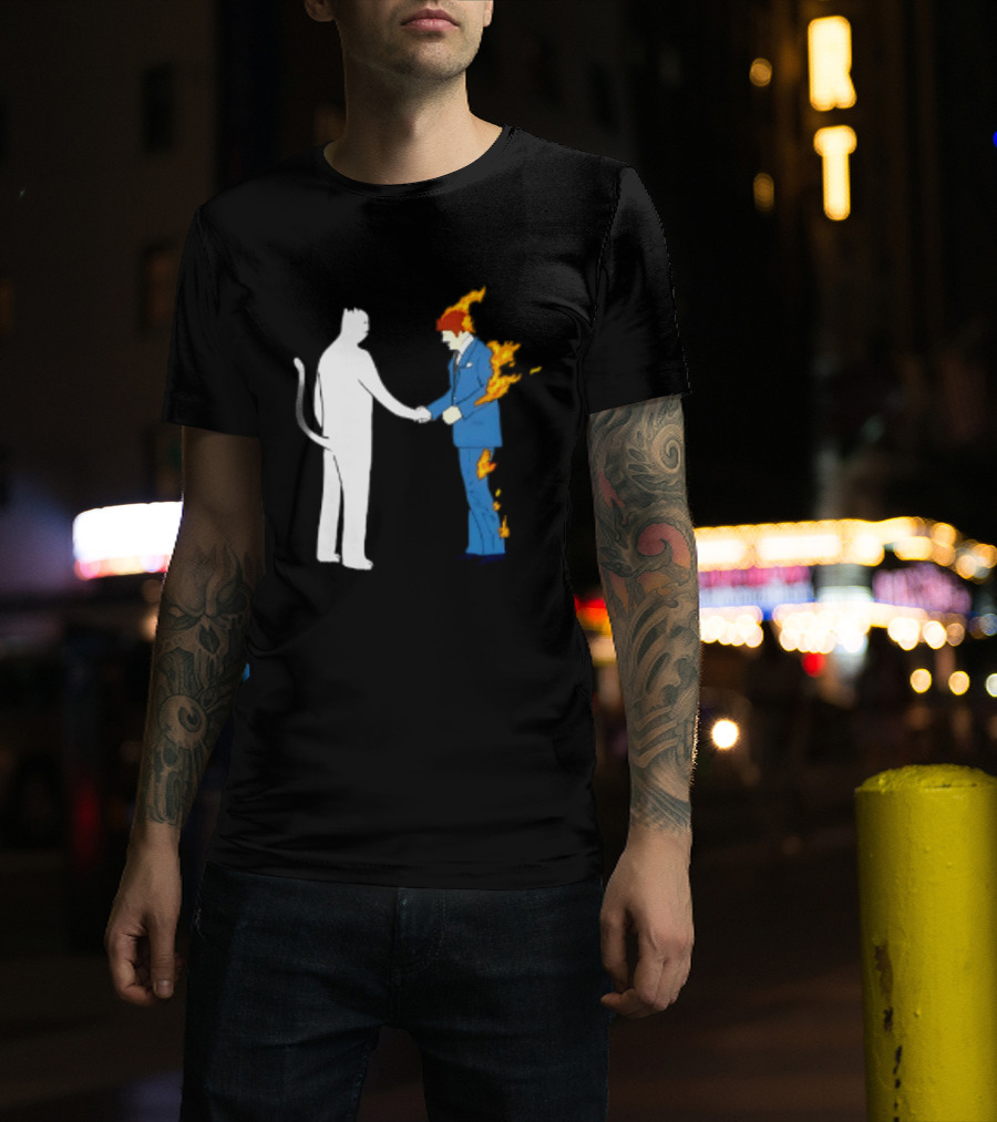 Rip N Dip Cat Handshake Burning Man Suit On Fire T-Shirt
