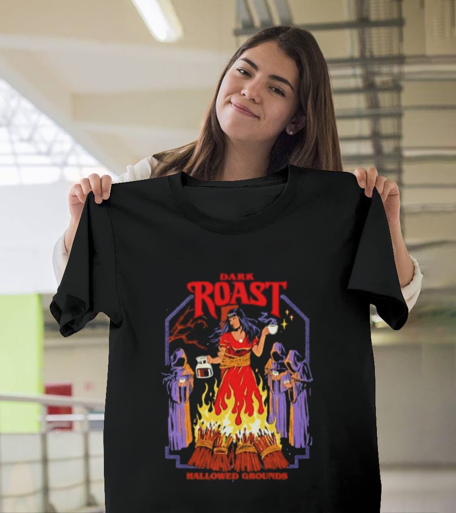 Dark Roast Hallowed Grounds Coffee Witch Brewing Flames And Rituals T-Shirt