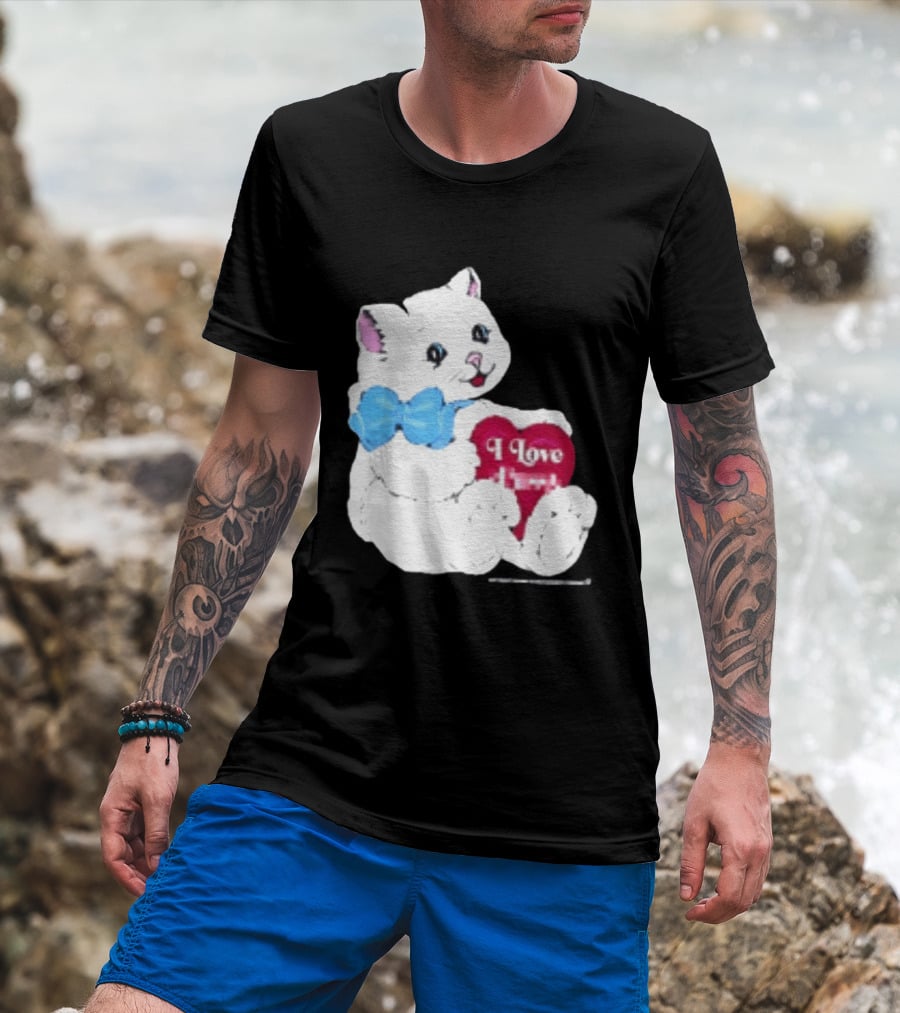 I Love Pussy Cats Heart Blue Bow Adorable White Kitten T-Shirt