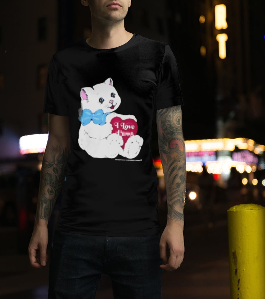 I Love Pussy Cats Heart Blue Bow Adorable White Kitten T-Shirt