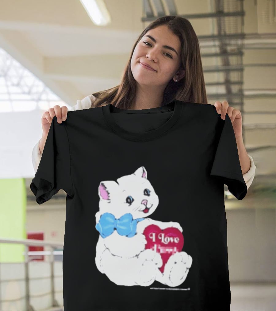 I Love Pussy Cats Heart Blue Bow Adorable White Kitten T-Shirt