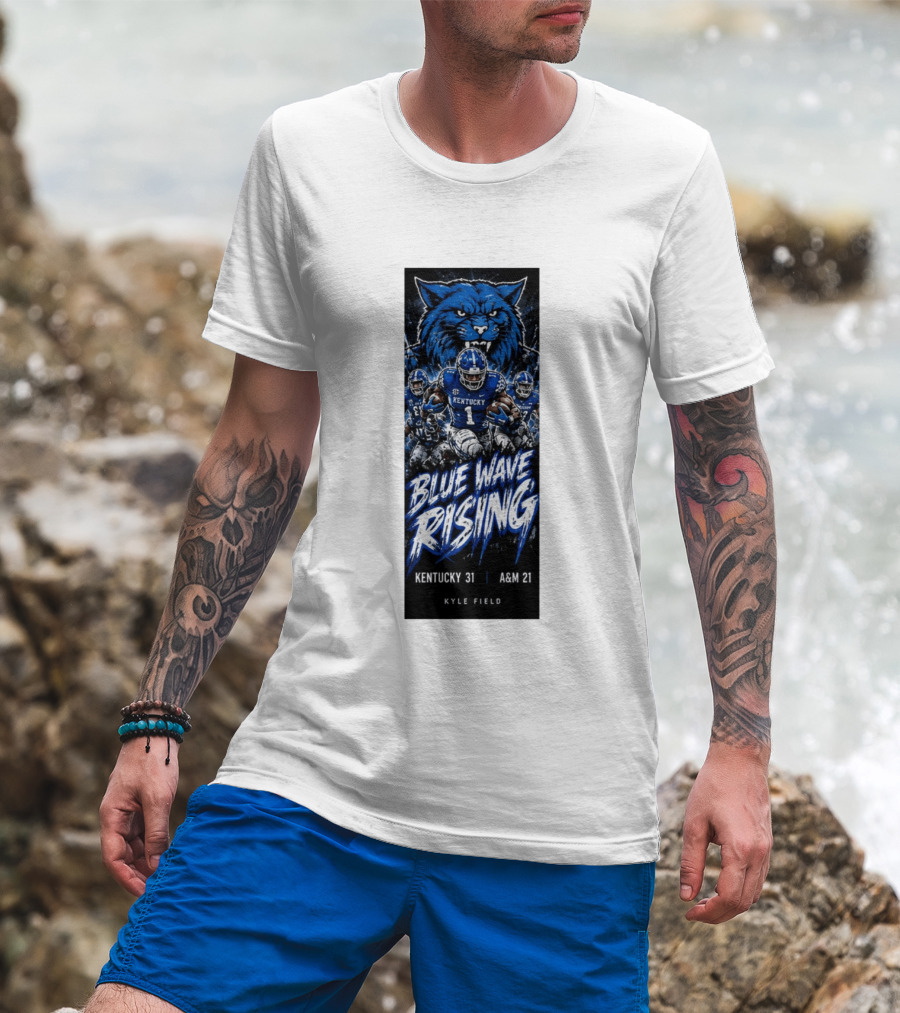 NCAA Kentucky Wildcats Blue Wave Rising 31 To 21 Victory At Texas AM Kyle Field T-Shirt