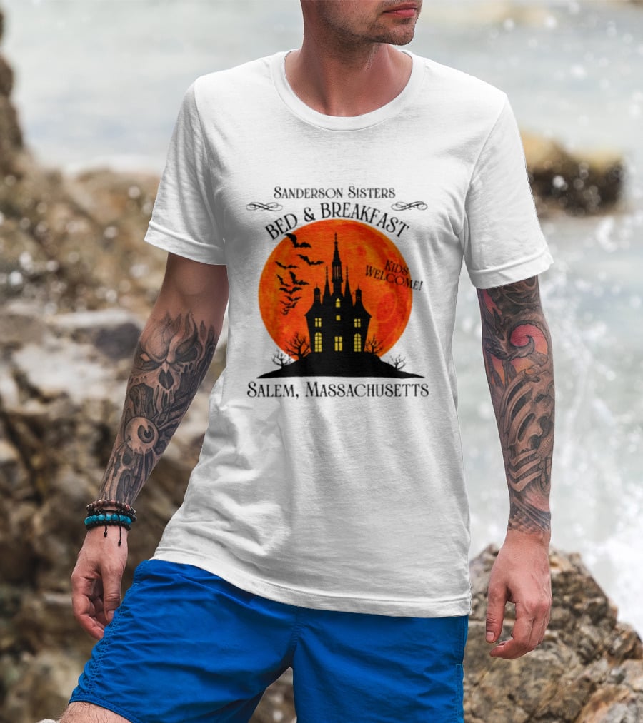 Sanderson Sisters Bed And Breakfast Kids Welcome Salem Massachusetts Halloween Bats Haunted House T-Shirt