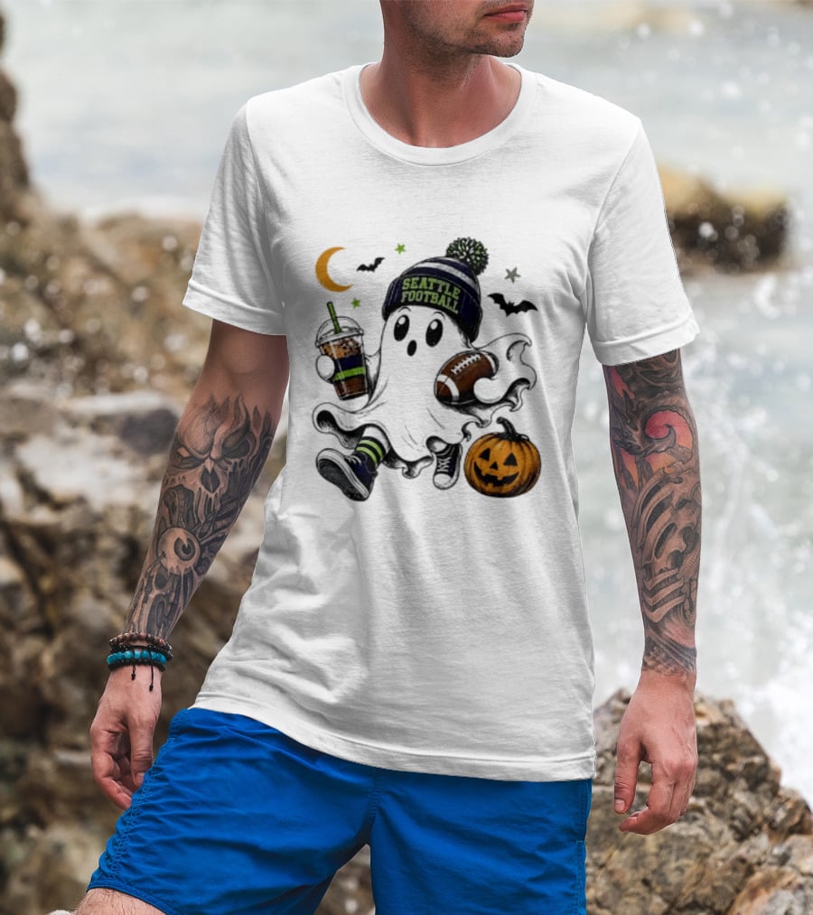 Seattle Football Halloween Ghost With Pumpkin Coffee And Moon T-Shirt