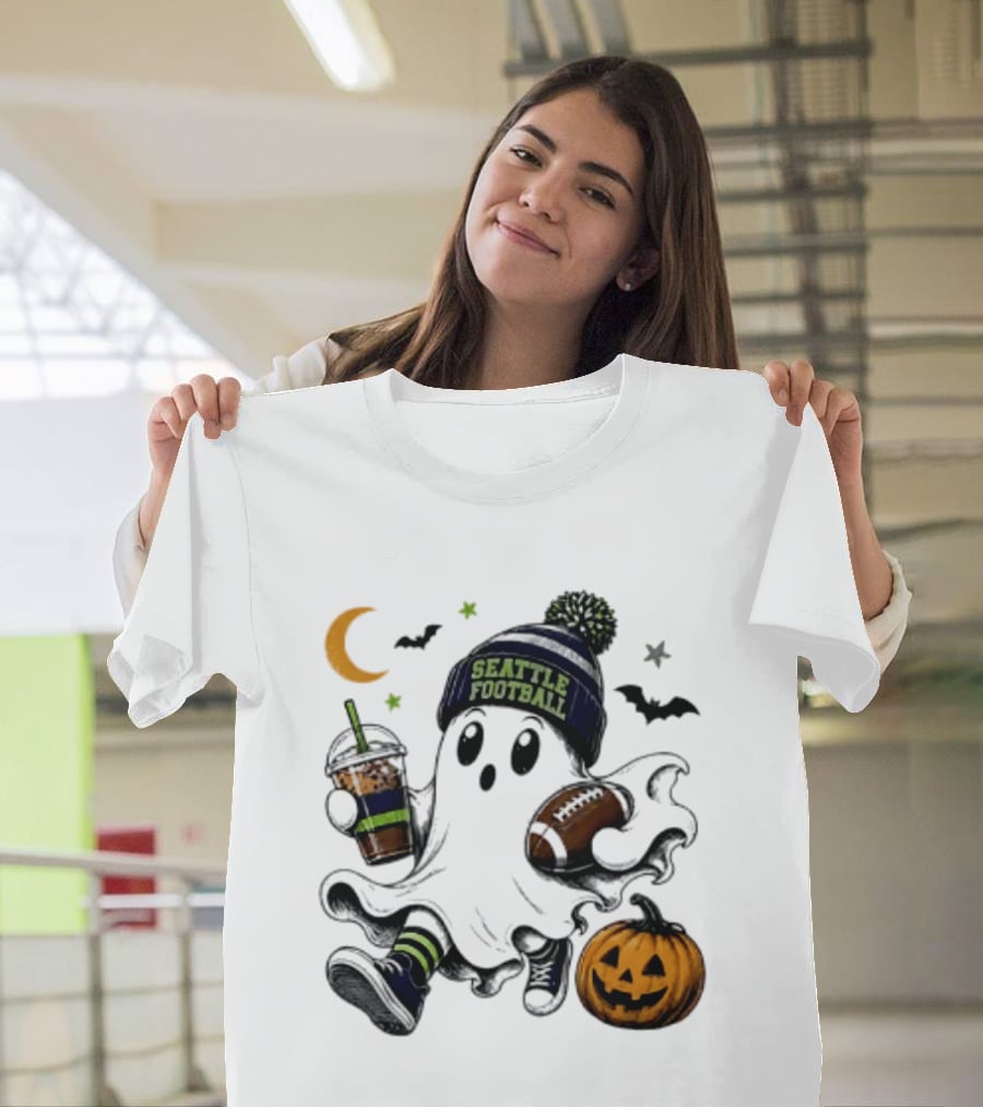 Seattle Football Halloween Ghost With Pumpkin Coffee And Moon T-Shirt
