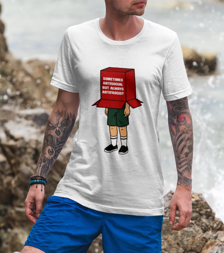 Sometimes Antisocial But Always Antifascist Box Head Cartoon T-Shirt