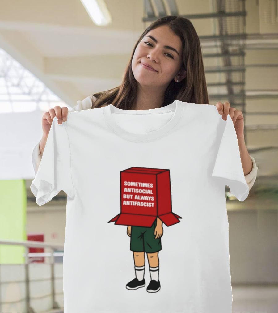 Sometimes Antisocial But Always Antifascist Box Head Cartoon T-Shirt