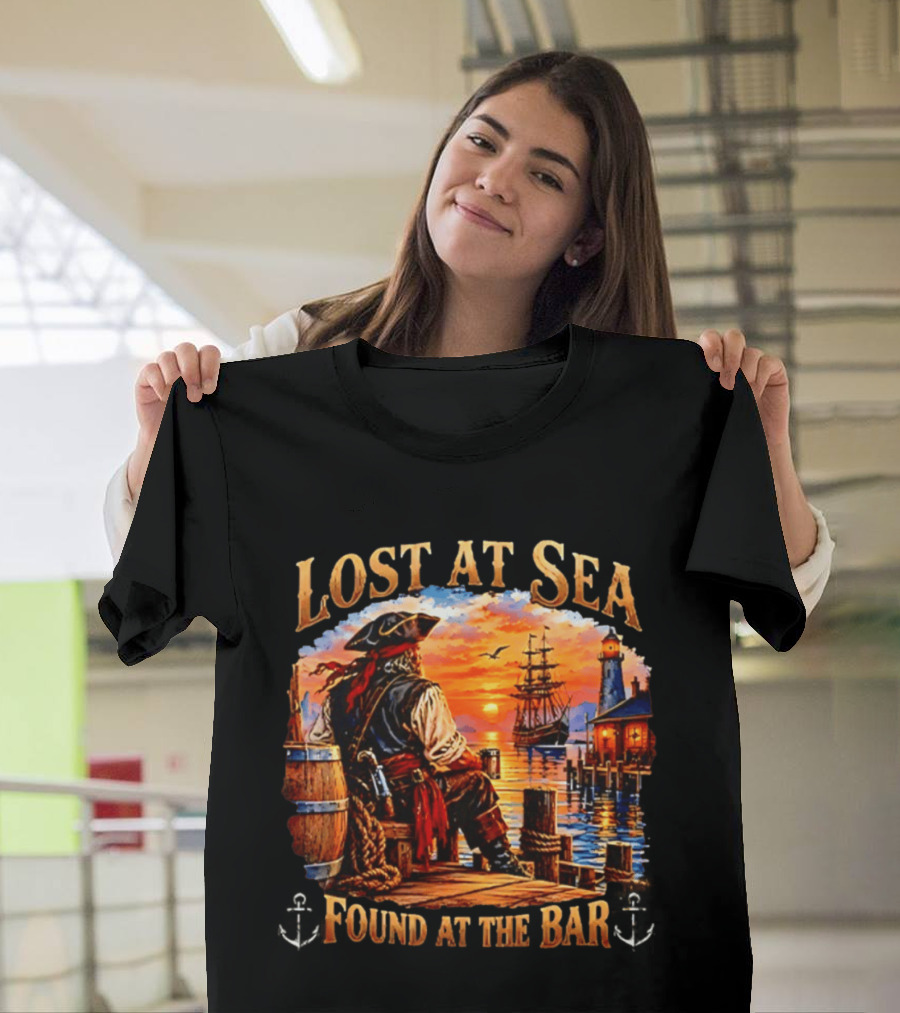 Lost At Sea Found At The Bar Pirate Sunset Sarcastic Humor T-Shirt