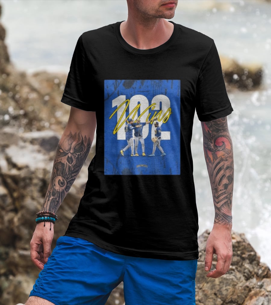 Milwaukee Brewers 102 Wins Blue Background Team Celebration T-Shirt