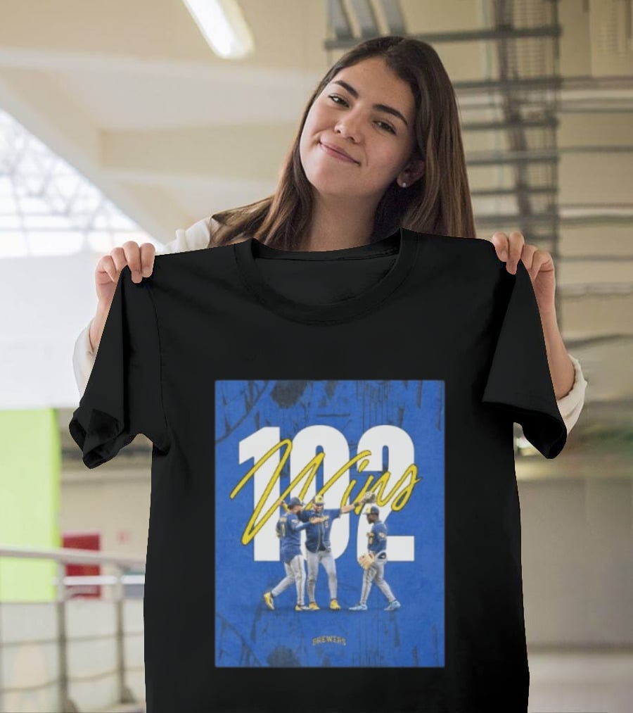 Milwaukee Brewers 102 Wins Blue Background Team Celebration T-Shirt