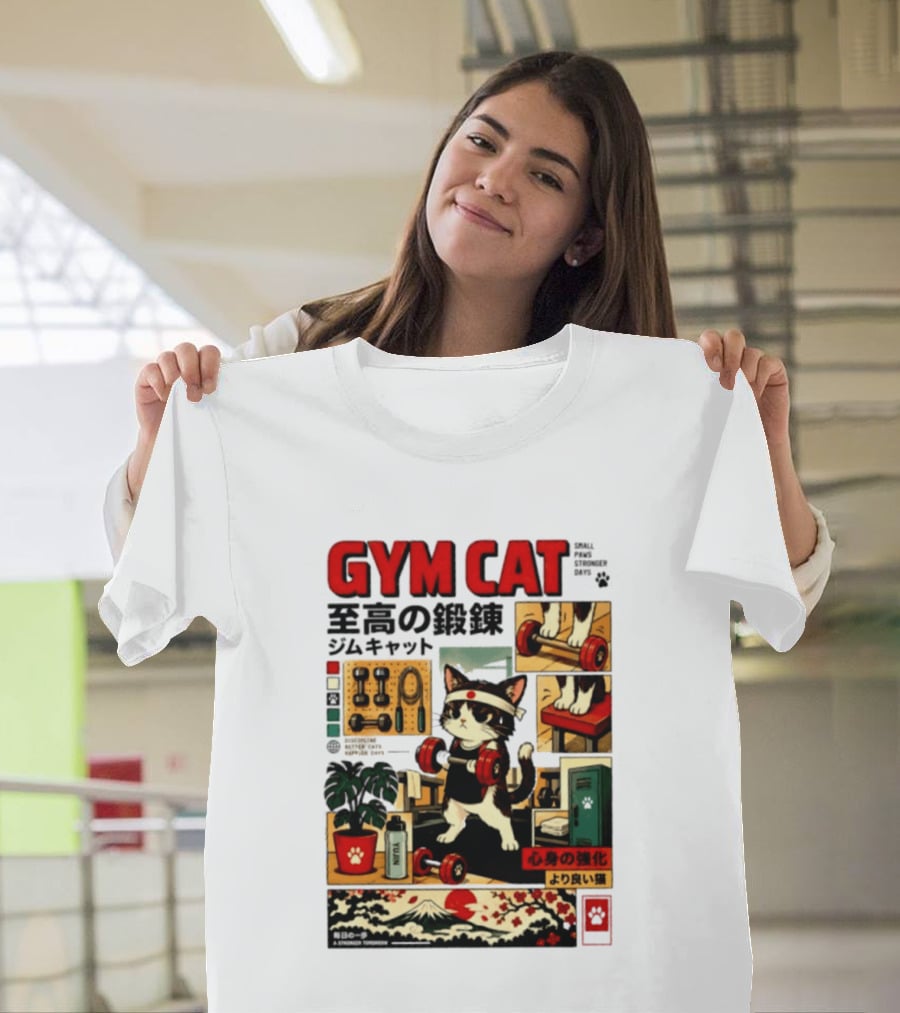 GYM CAT Small Paws Stronger Days Stronger Tomorrow Japan Fitness Comic T-Shirt
