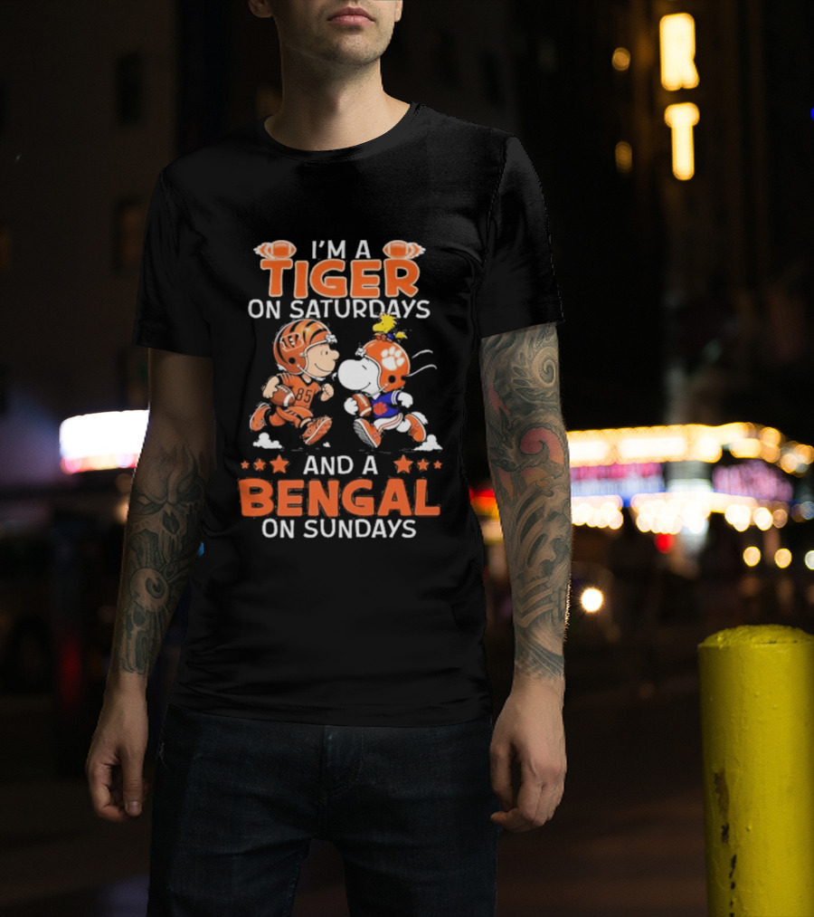 Charlie Brown Snoopy Tiger Saturdays Bengal Sundays Football T-Shirt