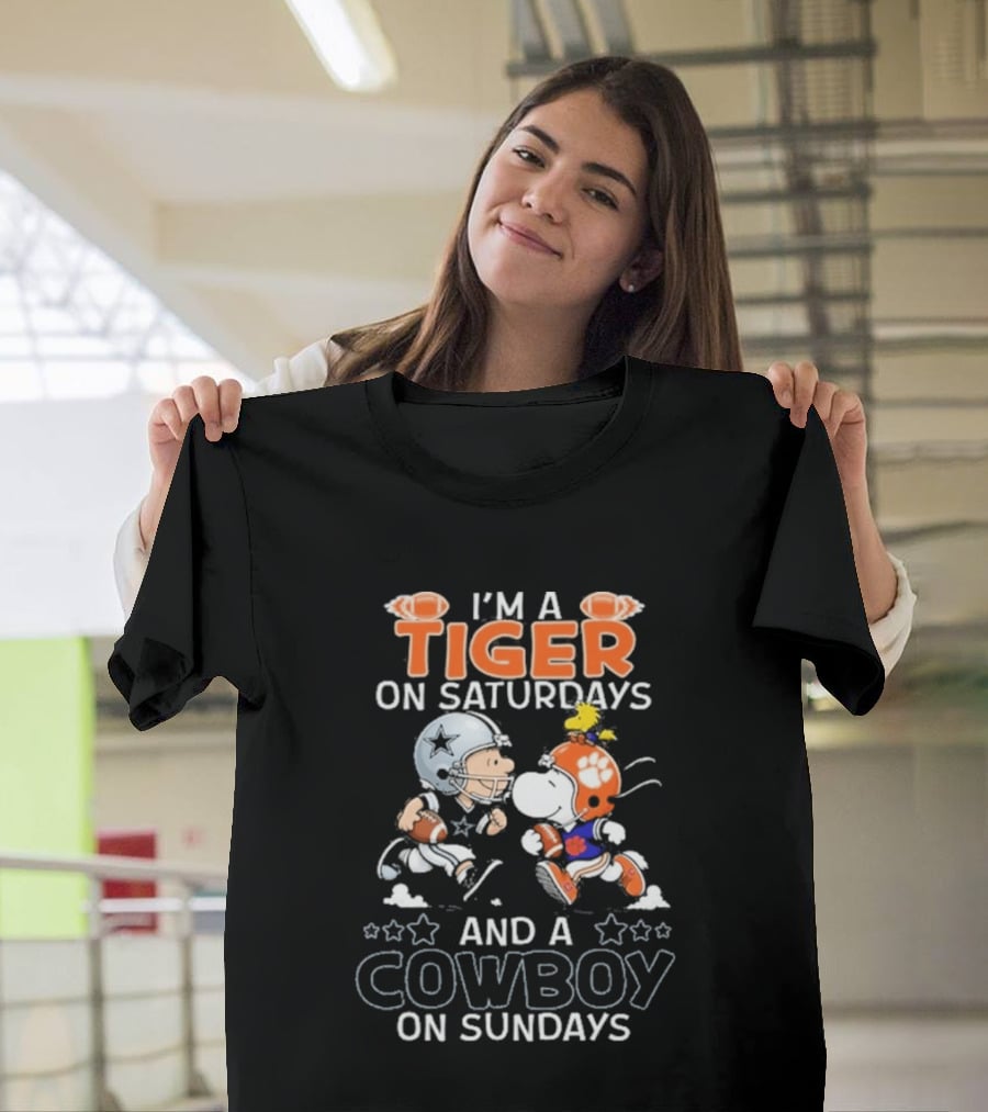I'm A Tiger On Saturdays And A Cowboy On Sundays Charlie Brown And Snoopy Football T-Shirt