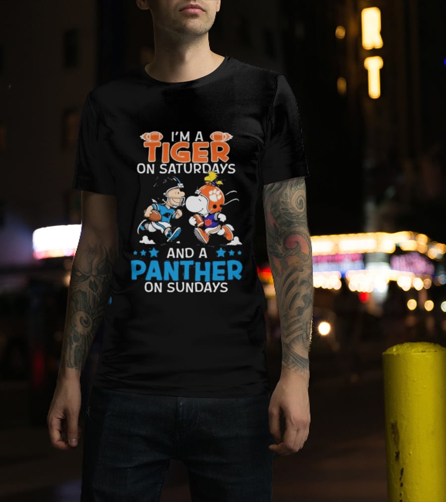 Charlie Brown Snoopy Tiger Saturdays Panther Sundays Football T-Shirt