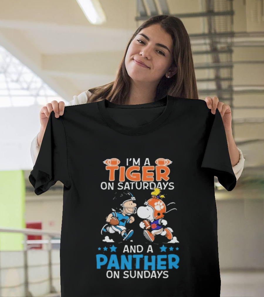 Charlie Brown Snoopy Tiger Saturdays Panther Sundays Football T-Shirt