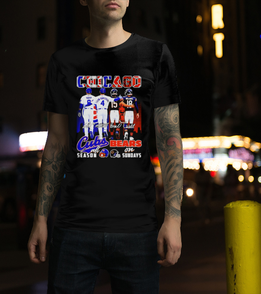 Chicago Cubs Happ And Bote Bears Fields And Moore Signature Skyline Sundays All Season T-Shirt