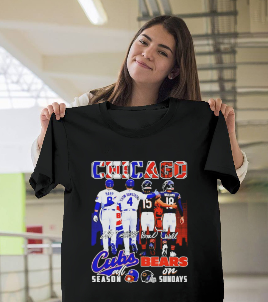 Chicago Cubs Happ And Bote Bears Fields And Moore Signature Skyline Sundays All Season T-Shirt