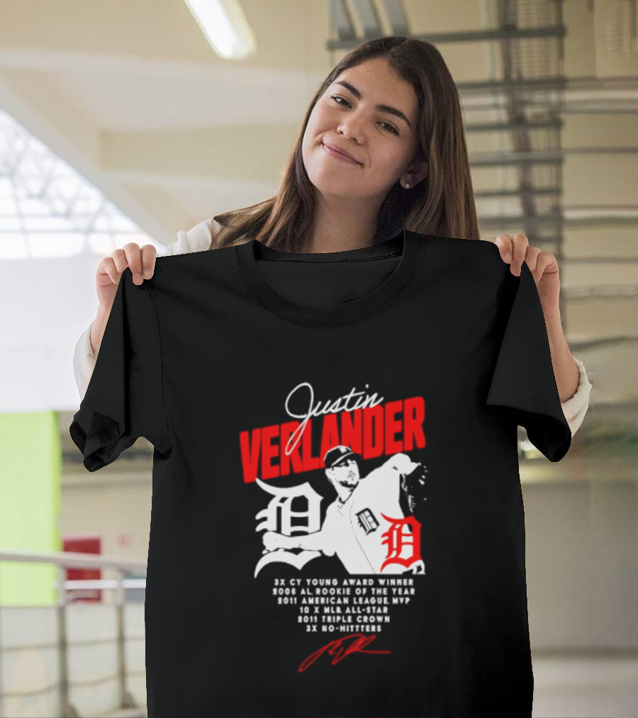 Detroit Tigers Justin Verlander No Hitter AL Rookie MVP Cy Young Winner MLB Career T-Shirt