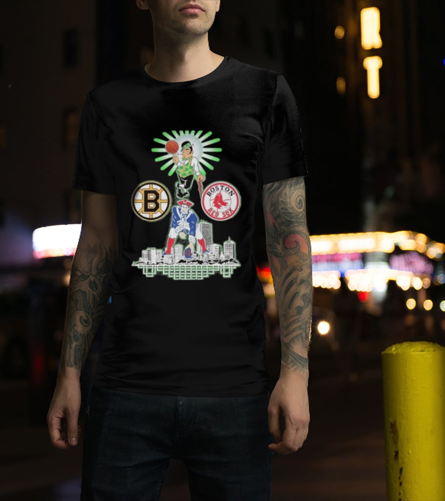 Boston Celtics Red Sox Bruins Skyline Triple Team Sports Boston T-Shirt