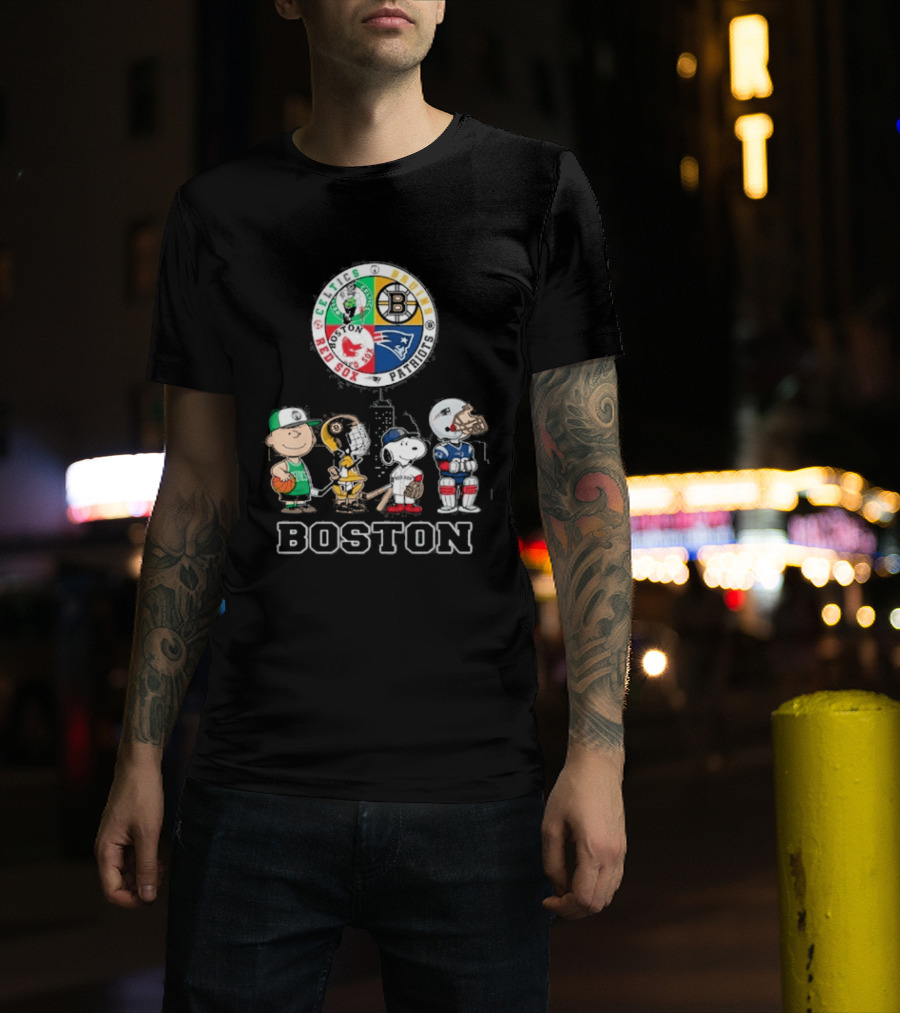 Boston Celtics Bruins Red Sox Patriots Cartoon Characters Skyline Sports T-Shirt