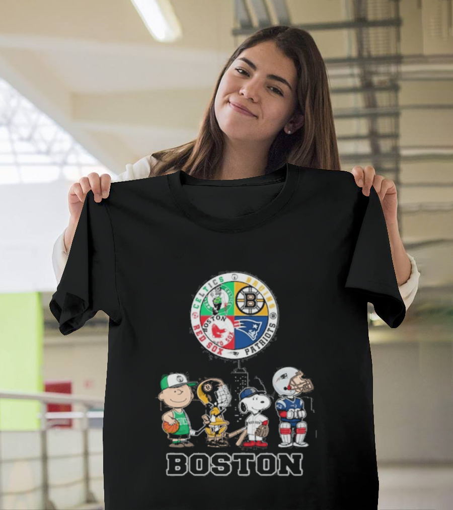 Boston Celtics Bruins Red Sox Patriots Cartoon Characters Skyline Sports T-Shirt