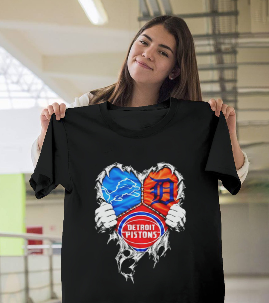 Detroit Lions Tigers Pistons Heart Scratch Mashup T-Shirt