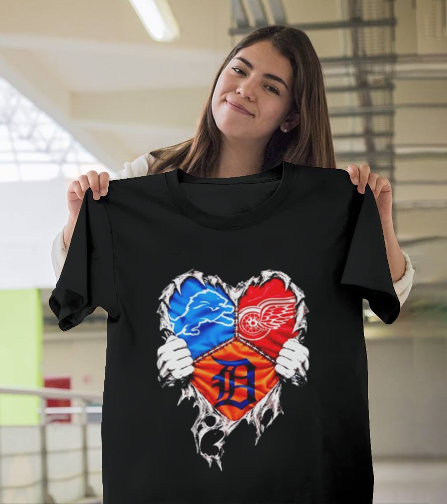 Detroit Lions Red Wings Tigers Heart Scratch Mashup T-Shirt